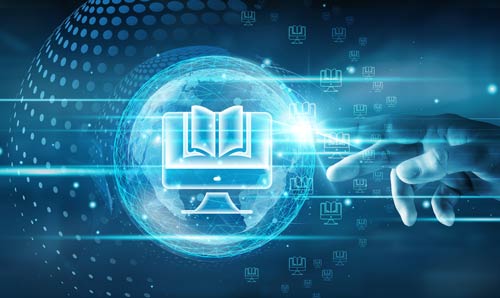 E-learning. Hand touching global network connection and accessing online educational platforms, sharing knowledge worldwide, participating in virtual classrooms, enhancing digital literacy