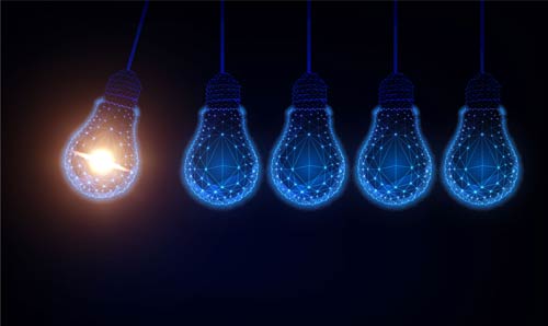An abstract illustration of a futuristic idea and innovation, featuring a light bulb surrounded by interconnected lines and nodes, symbolising creative solutions and advanced technology