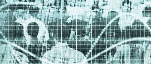 Crowd of people shown as a reflection and a graph line over the top to depict a demographic scale.