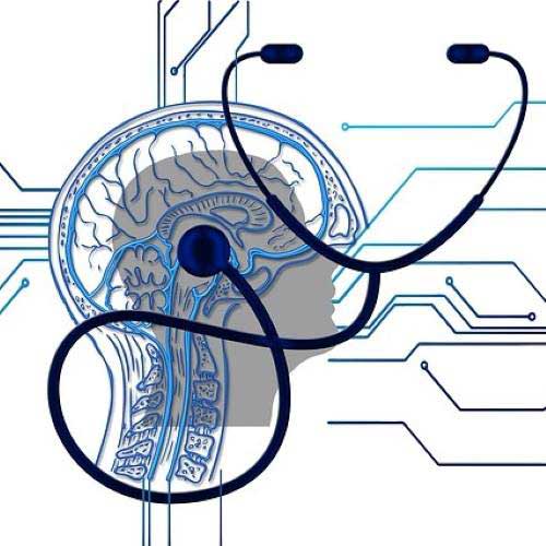 A stethoscope on the silhouette of a head showing the brain.